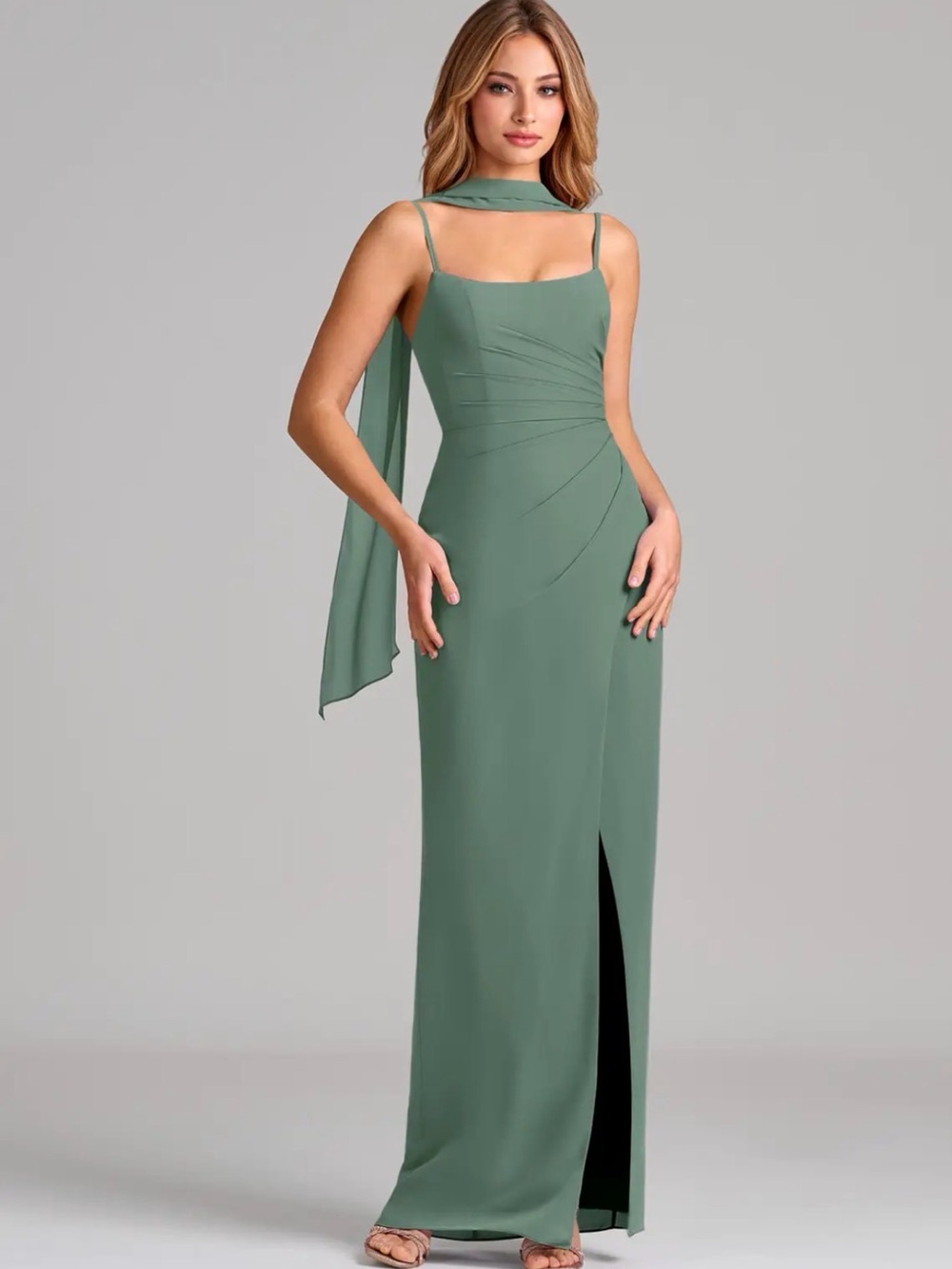 Azazie Calandra Elegant Sage Green Evening Gown scarf